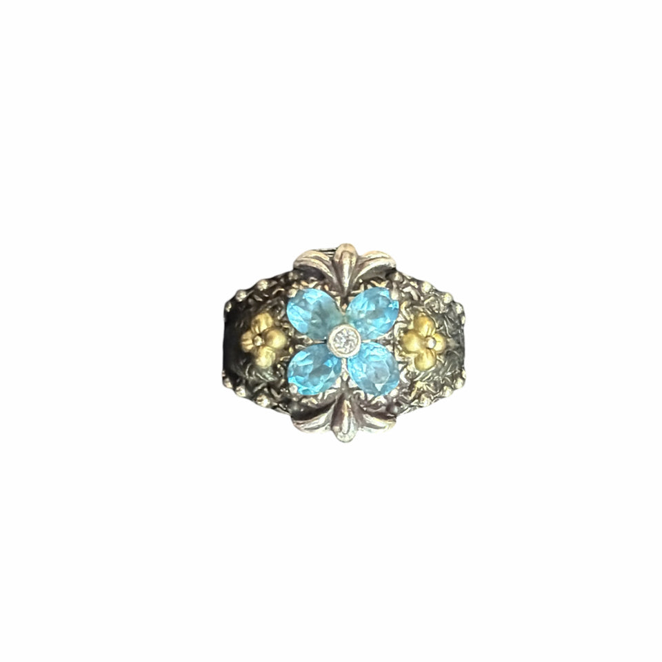 BARBARA BIXBY BLUE TOPAZ STERLING & YELLOW GOLD FLOWER RING SIZE 8