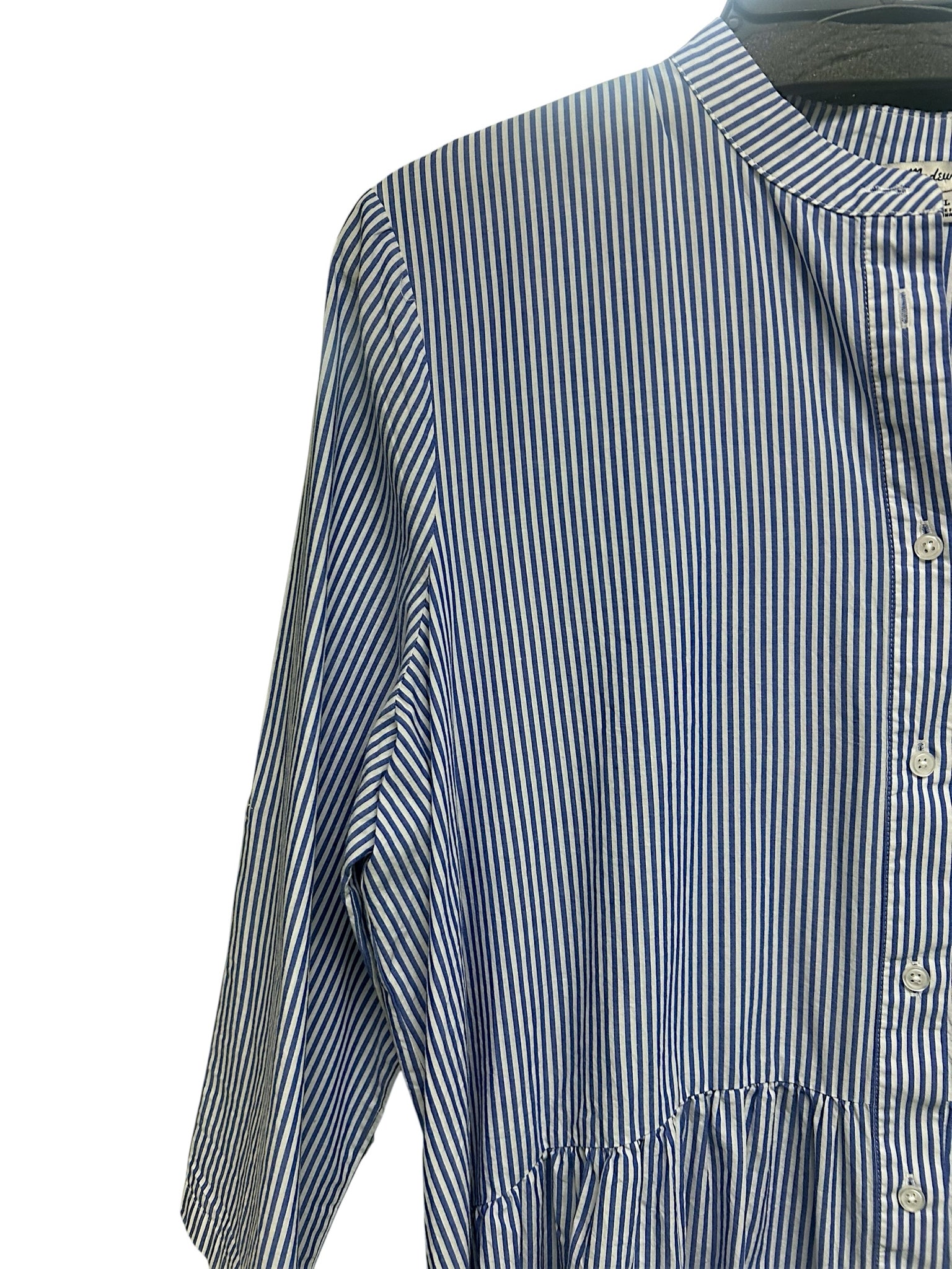 MADEWELL POPLIN BUTTON FRONT GATHERED MINI DRESS BLUE WHITE SIZE XL