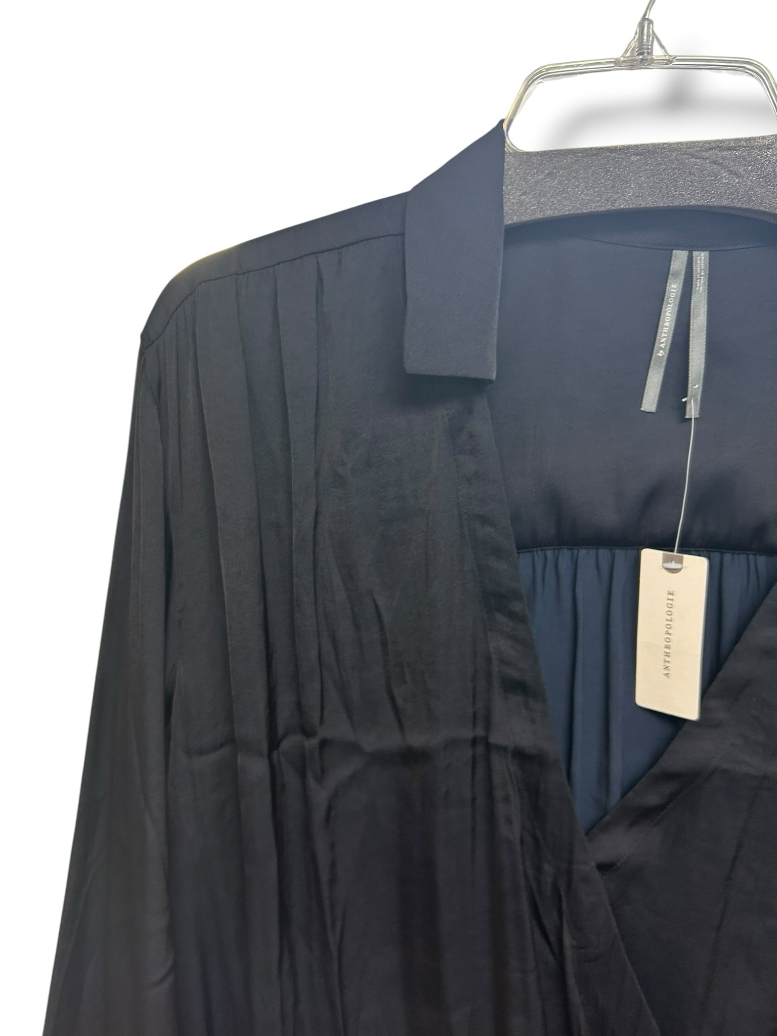 NWT ANTHROPOLIGIE BLACK SATIN WRAP FRONT V NECK BLOUSE SIZE LARGE