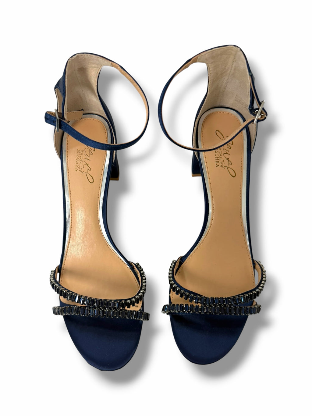 NEW IN BOX BADGLEY MISCHKA JOANNE SATIN JEWEL STRAPPY BLOCK HEEL SIZE 9