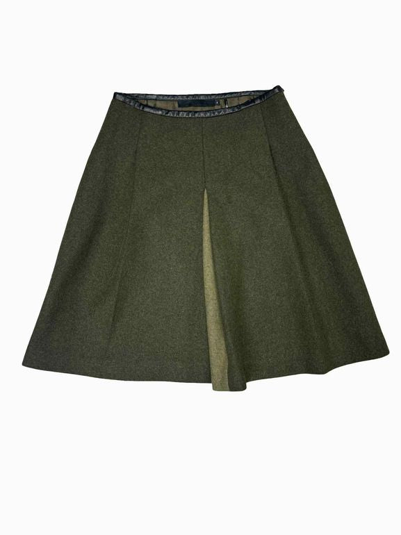 LAMB VIRGIN WOOL VINTAGE PLEAT LEATHER TRIMMED SKIRT SIZE: 2