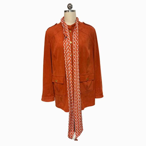 CHICOS NWT! FAUX SUEDE UTILITY ORANGE JACKET W/ SCARF SIZE XL