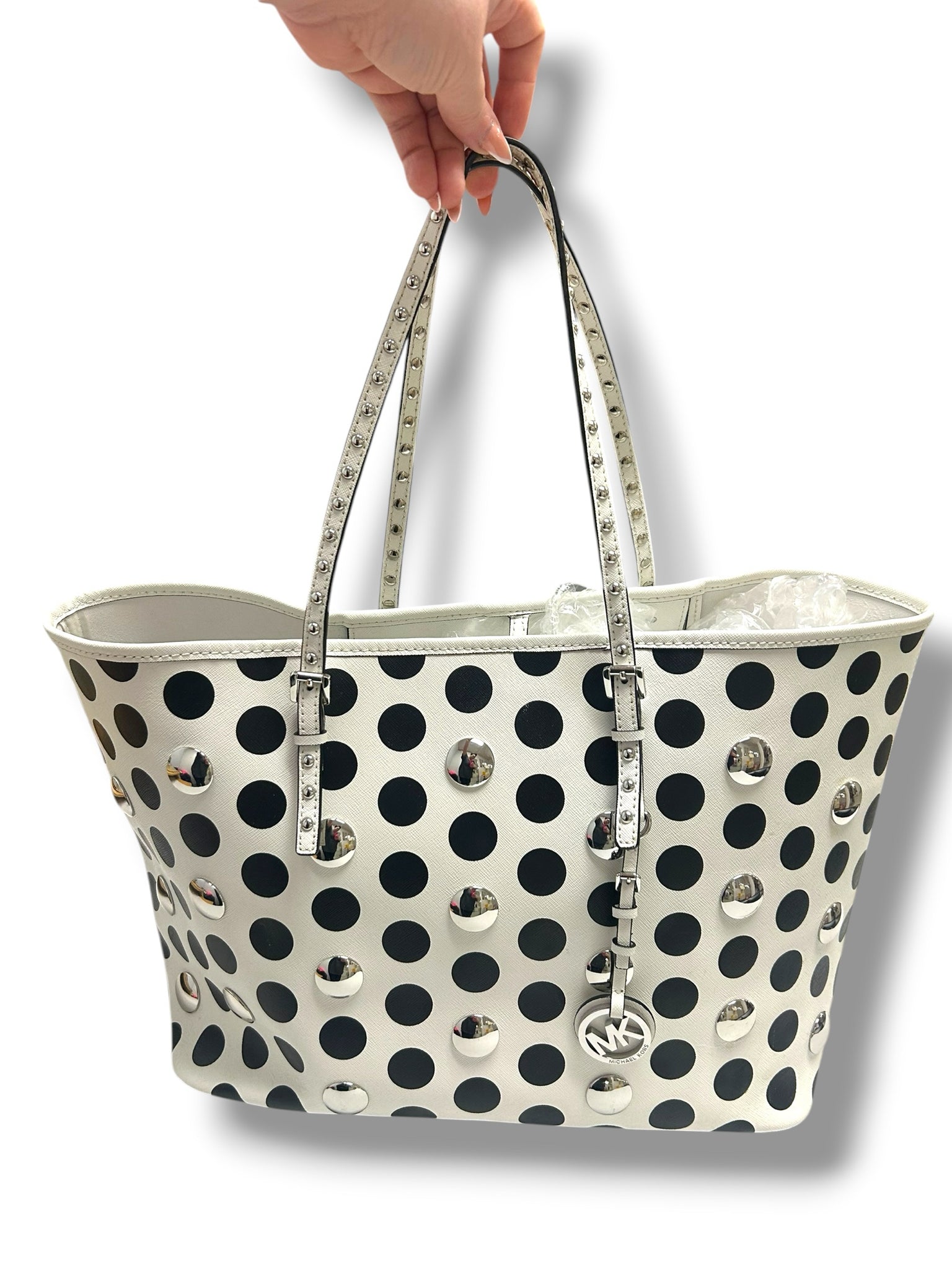 jet set saffiano travel tote bag pearl gray MICHAEL KORS JET SET POLKA DOT SILVER STUDDED TRAVEL BLACK WHITE TOTE – WEARHOUSE CONSIGNMENT