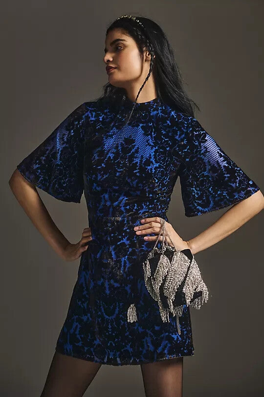 ANTHROPOLOGIE VELVET BURNOUT MOCK NECK MINI DRESS SIZE: 14