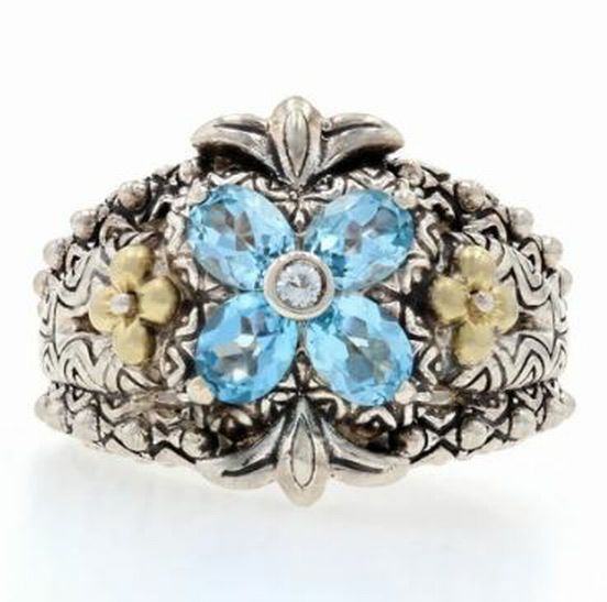 BARBARA BIXBY BLUE TOPAZ STERLING & YELLOW GOLD FLOWER RING SIZE 8