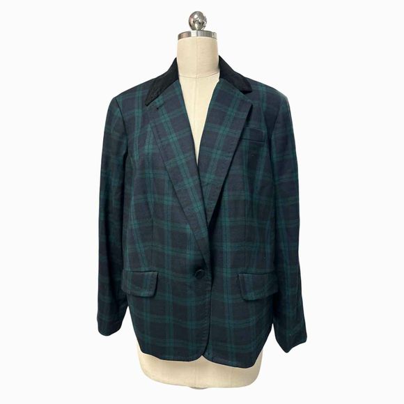 TALBOTS BLACKWATCH WOOL GREEN/BLACK BLAZER VELVET COLLAR SIZE 16P