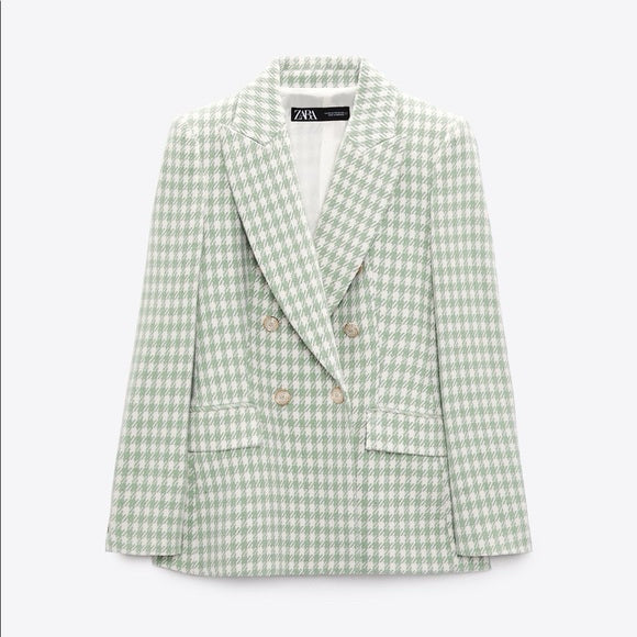 ZARA  NWT TAILORED SEA GREEN HOUNDSTOOTH DOUBLE BREASTED BLAZER SIZE: XL