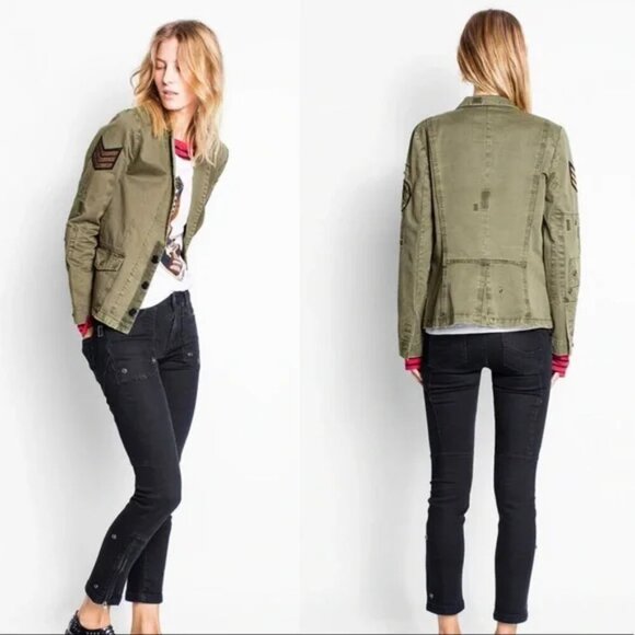 ZADIG & VOLTAIRE VIRGINIA GRUNGE FADED PATCH MILITARY JACKET SIZE XS