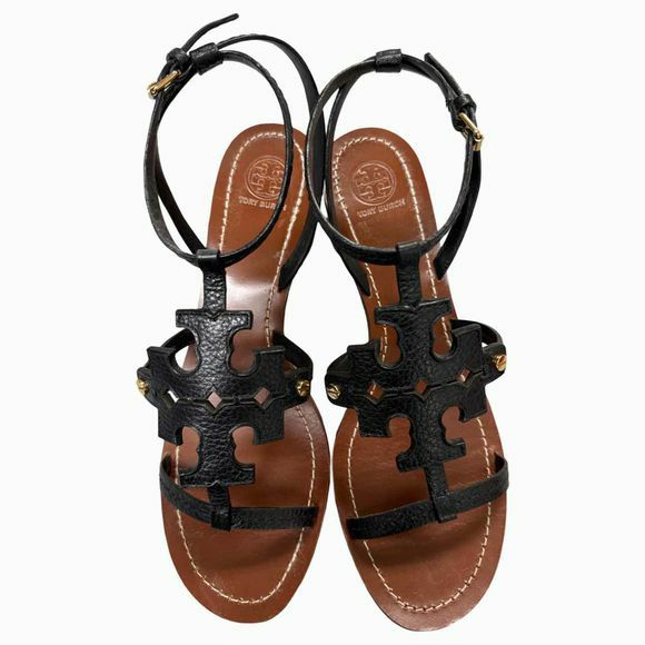 TORY BURCH CHANDLER TUMBLED LEATHER BLOCK BLACK HEEL SANDAL SIZE 10