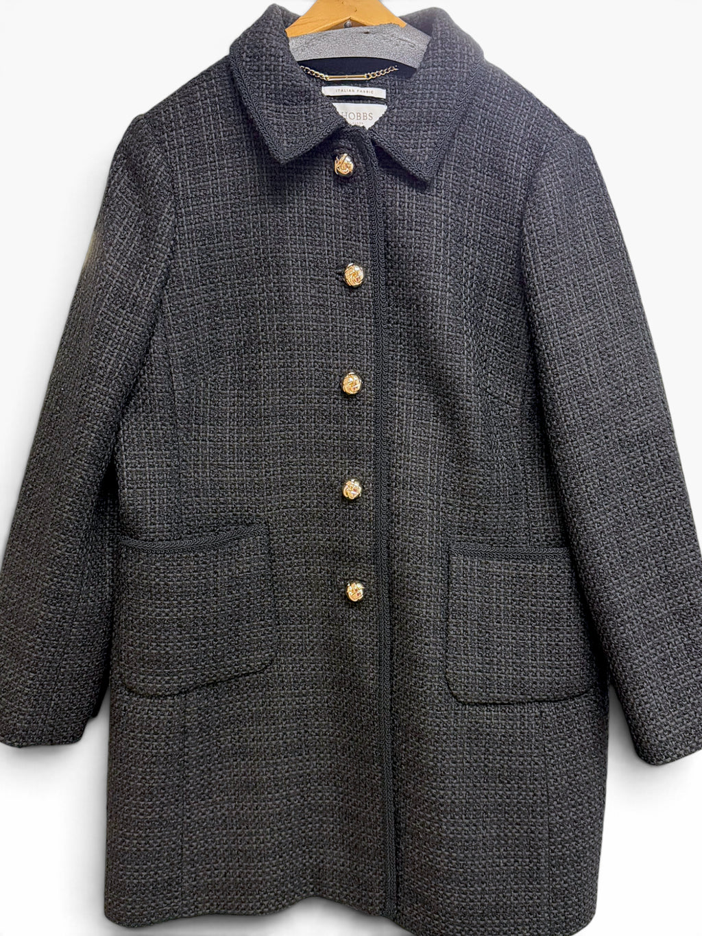 HOBBS LONDON EVANGELINE TWEED BLACK CAR COAT SIZE 12