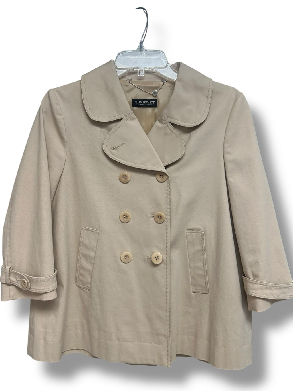 TWINSET GABARDINA LADY TAN SHORT PEACOAT TRENCHCOAT SIZE 44 US MEDIUM