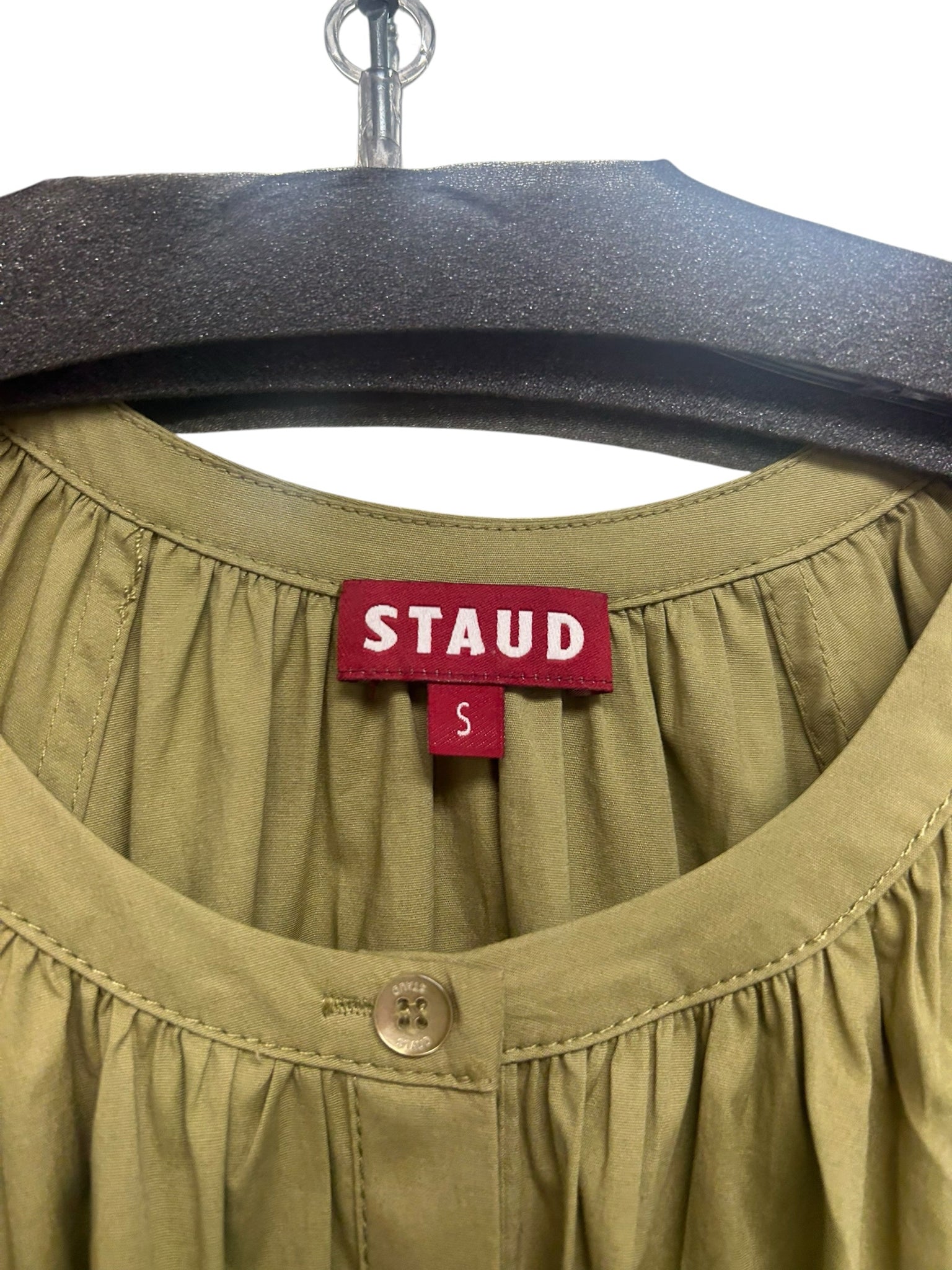 STAUD MINI VINCENT KHAKI BALLOON SLEEVES OLIVE GREEN DRESS SIZE SMALL