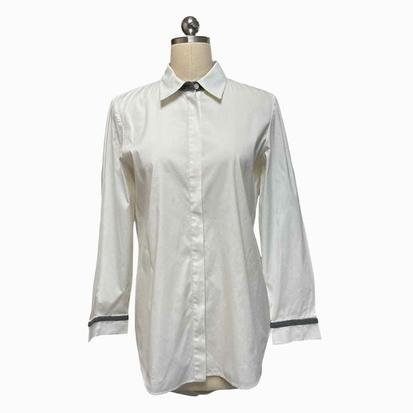 LAFAYETTE 148 JESSIE CRYSTAL TRIM BUTTON UP WHITE TUNIC SHIRT WOOL TRIM SIZE S