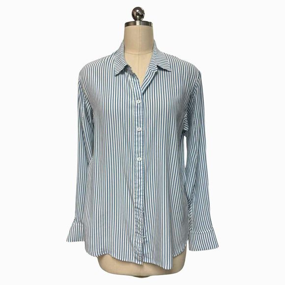 RAG & BONE JENNIE 100% SILK SPLIT HEM BLUE/WITE BUTTON DOWN SIZE L