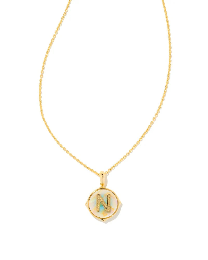 KENDRA SCOTT LETTER N GOLD DISC REVERSIBLE PENDENT NECKLACE IN IRIDESCENT