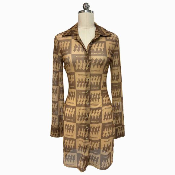 INAMORATA MESH PRINT SHEER BUTTON DOWN BROWNS COVERUP SIZE M