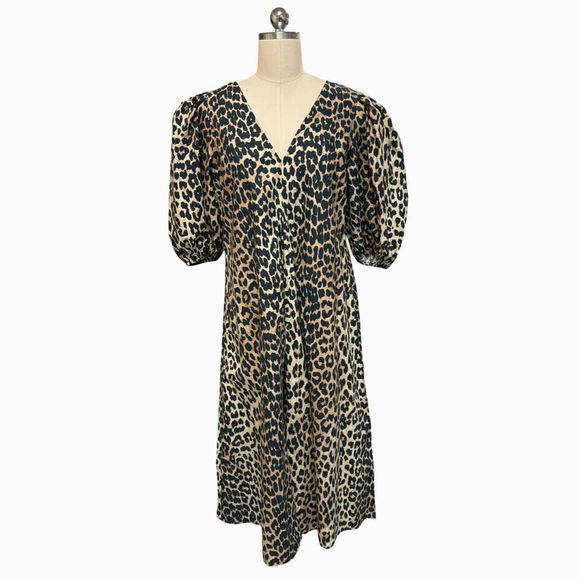 GANNI DEEP VNECK LEOPARD PRINT INVERTED BALLOON SLEEVES DRESS SIZE M