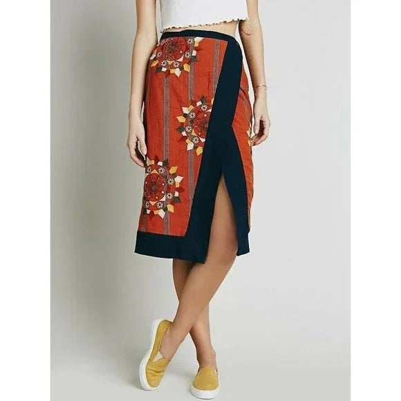 FREE PEOPLE SONGBIRD ASYMMETRICAL WRAP MIDI EMBROIDERED SKIRT SIZE: M