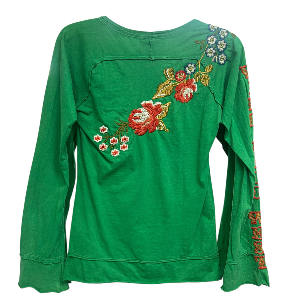 JOHNNY WAS LOS ANGELES FLORAL EMBROIDERED WILD WEST GREEN TOP SIZE SMALL