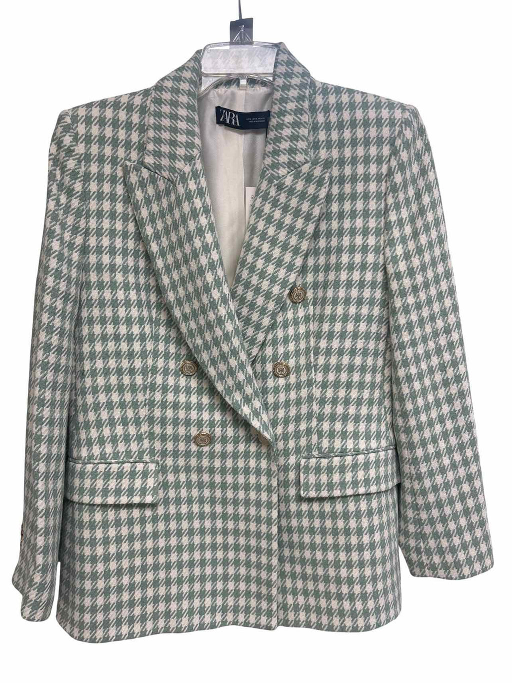 ZARA  NWT TAILORED SEA GREEN HOUNDSTOOTH DOUBLE BREASTED BLAZER SIZE: XL