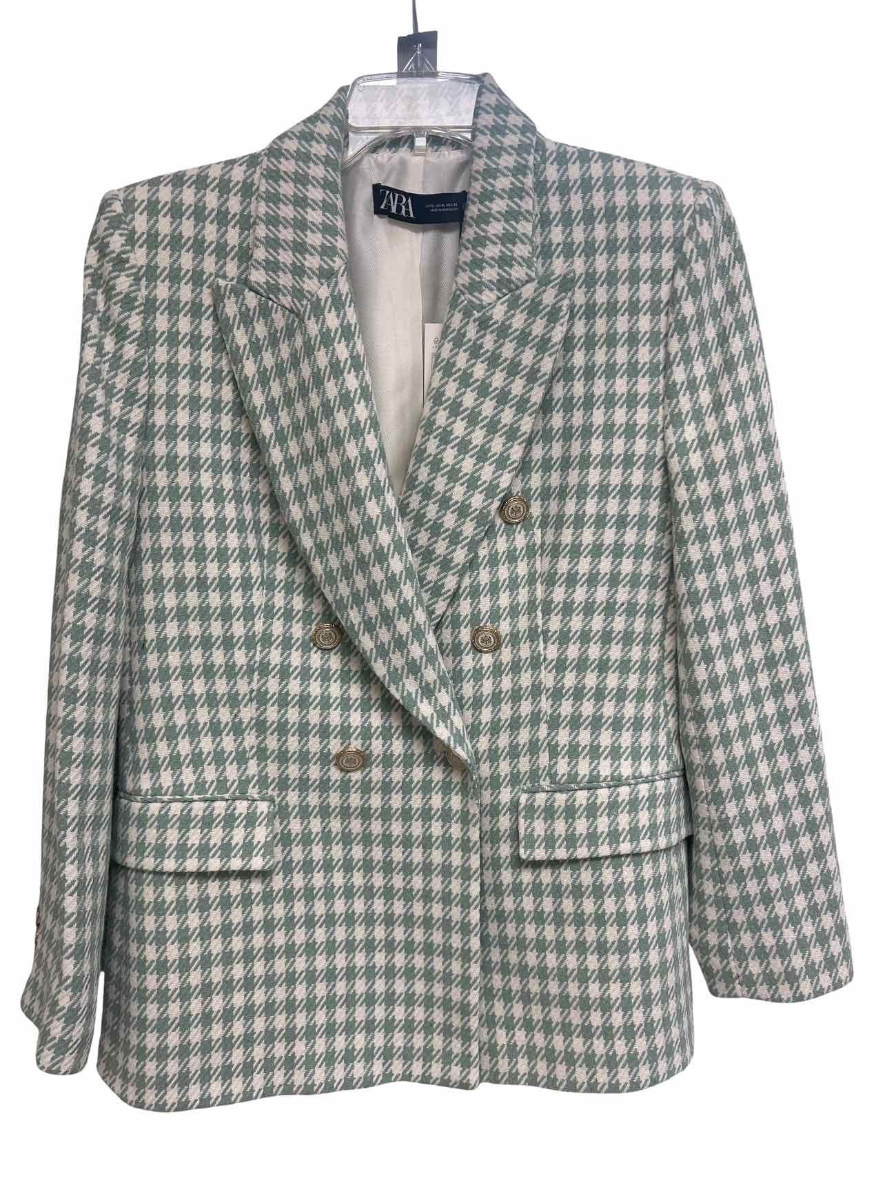 ZARA  NWT TAILORED SEA GREEN HOUNDSTOOTH DOUBLE BREASTED BLAZER SIZE: XL