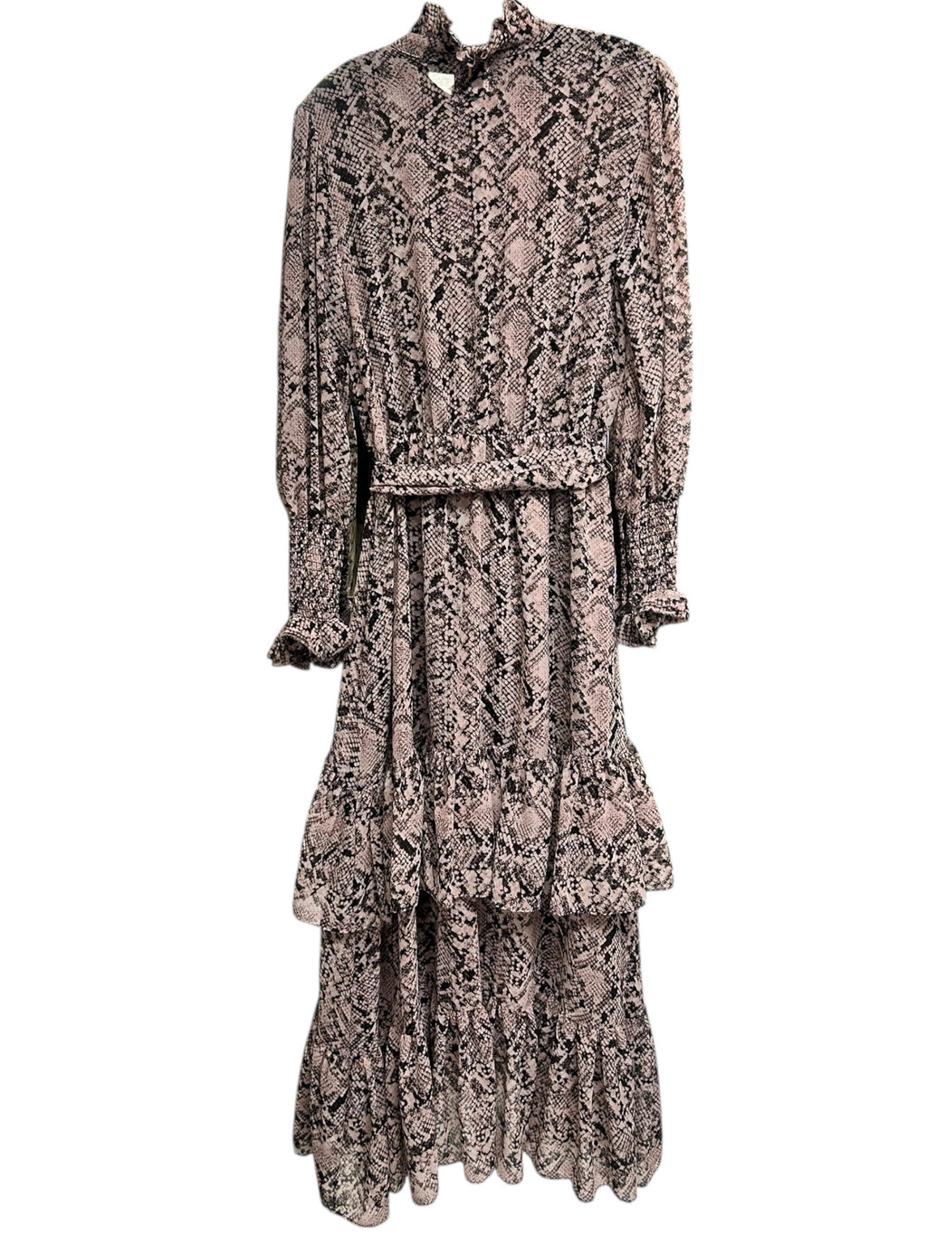 MISA VALENTINA SNAKE PRINT RUFFLE TIERED PINK MAXI DRESS SIZE SMALL