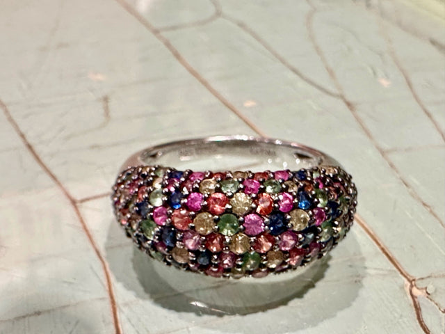 SAPPHIIRE AND TSAVORITE 925 MULTI COLOR PAVE DOMED RING 7