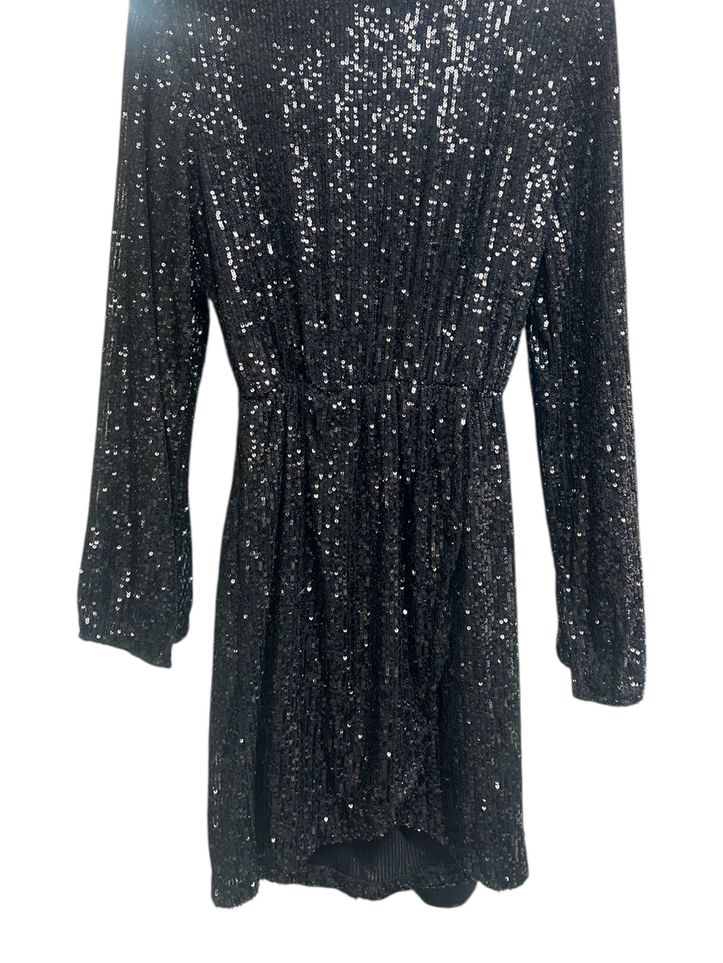 NWT ASTRID  BLACK SEQUIN MOCK NECK LONG SLEEVE MINI FAUX WRAP DRESS SIZE MEDIUM