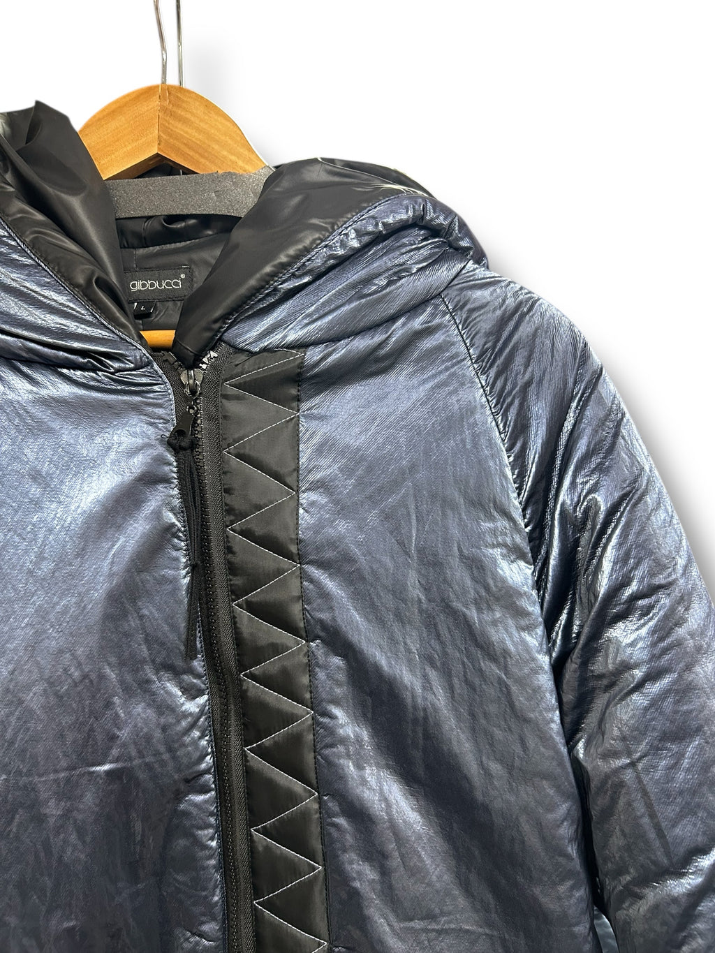 MARA GIBBUCCI IRIDESCENT BLUE HOODED COCOON PUFFER COAT SIZE  LARGE