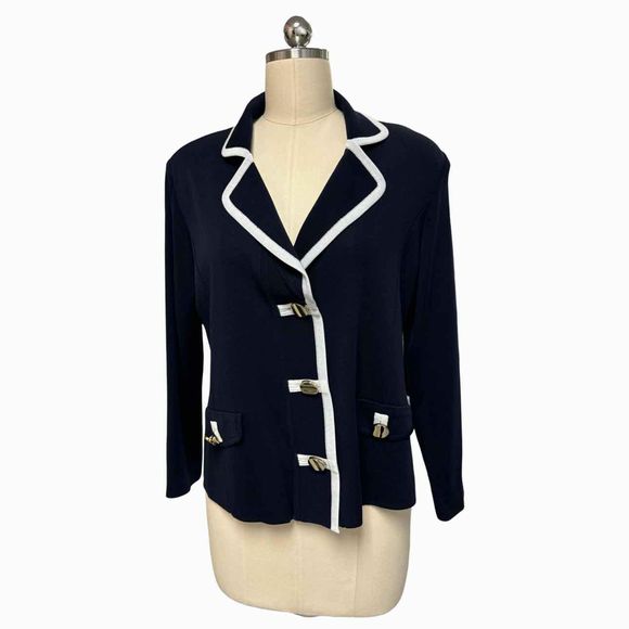 MISOOK NOTCHED LAPEL KNIT NAVY/WHITE JACKET GOLD BUTTONS SIZE MP