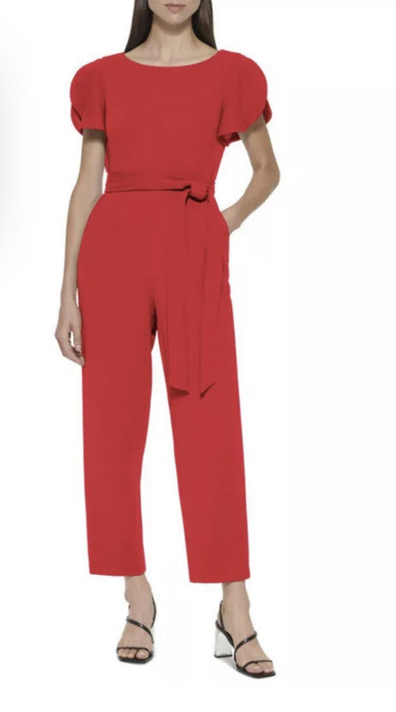 NEW WITH TAGS CALVIN KLEIN RED BELTED FLUTTER SLEEVE JUMPSUIT SIZE 4