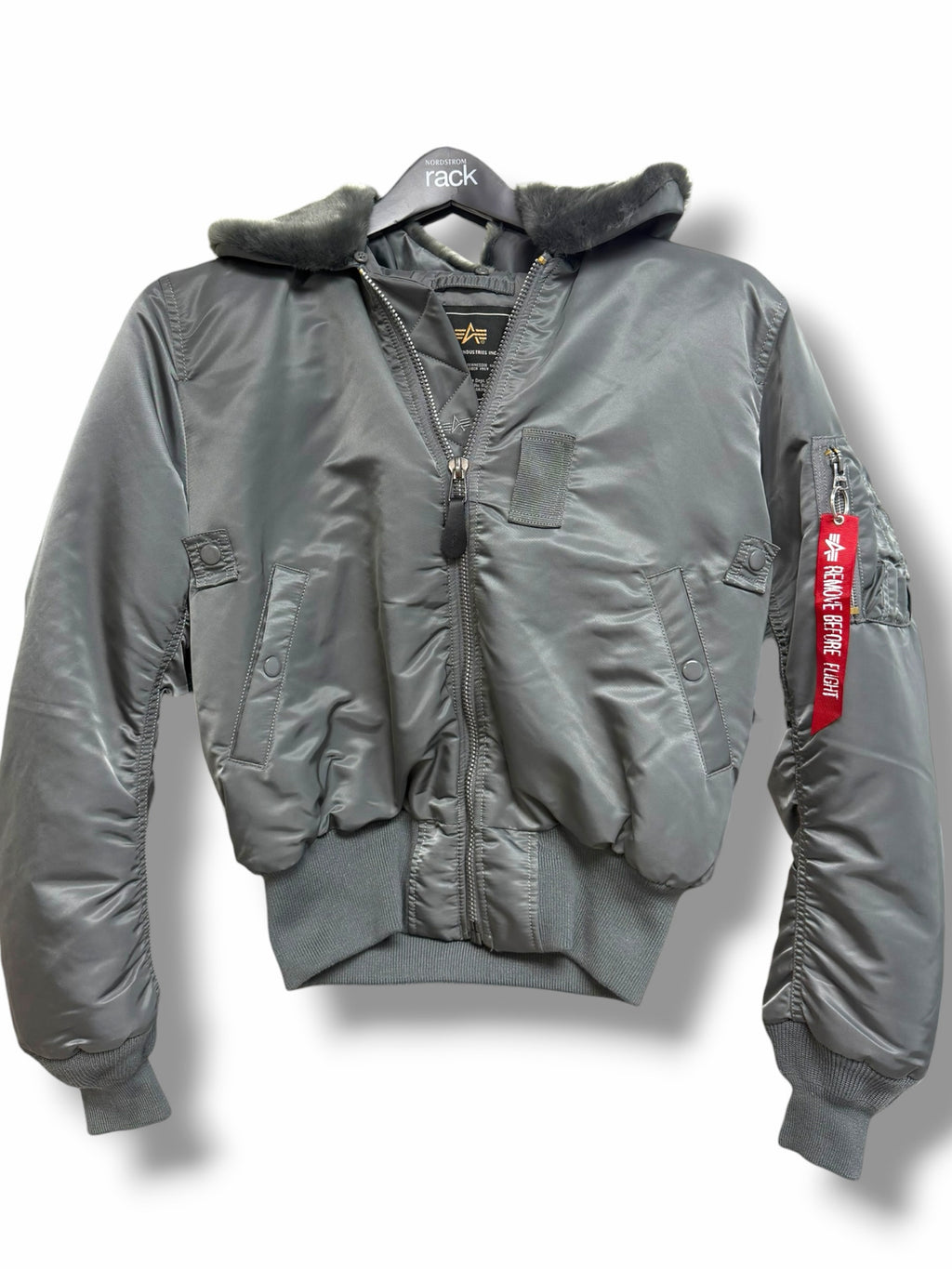 ALPHA INDUSTRIES MA-I NYLON BOMBER GRAY  REMOVABLE COLLAR JACKET SIZE XS