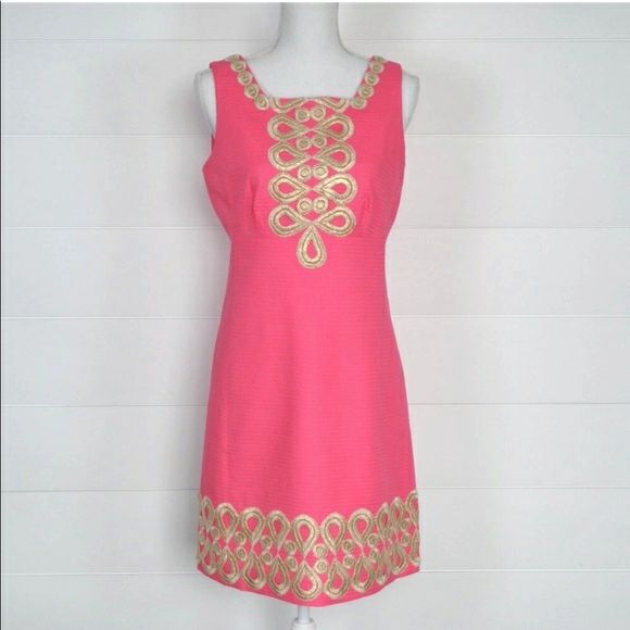 LILLY PULITZER ADELSON EMBROIDERED PINK GOLD SHIFT DRESS SIZE 6