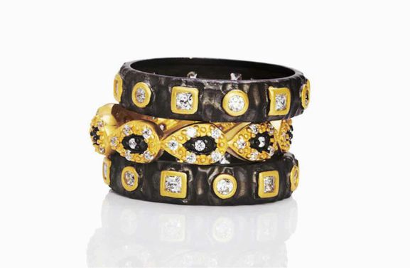 FREIDA ROTHMAN 14K GOLD & RHODIUM PLATED CZ STACK OF RINGS SIZE: 8