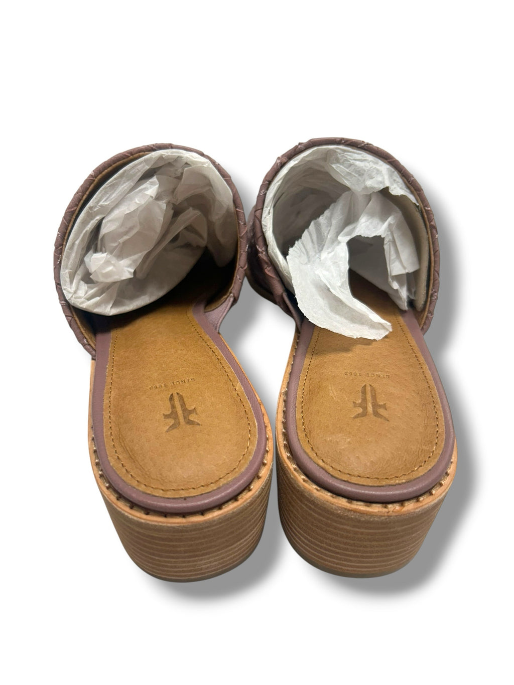 NEW WITH BOX FRYE CINDY WOVEN LILAC LEATHER MULES SIZE 6.5