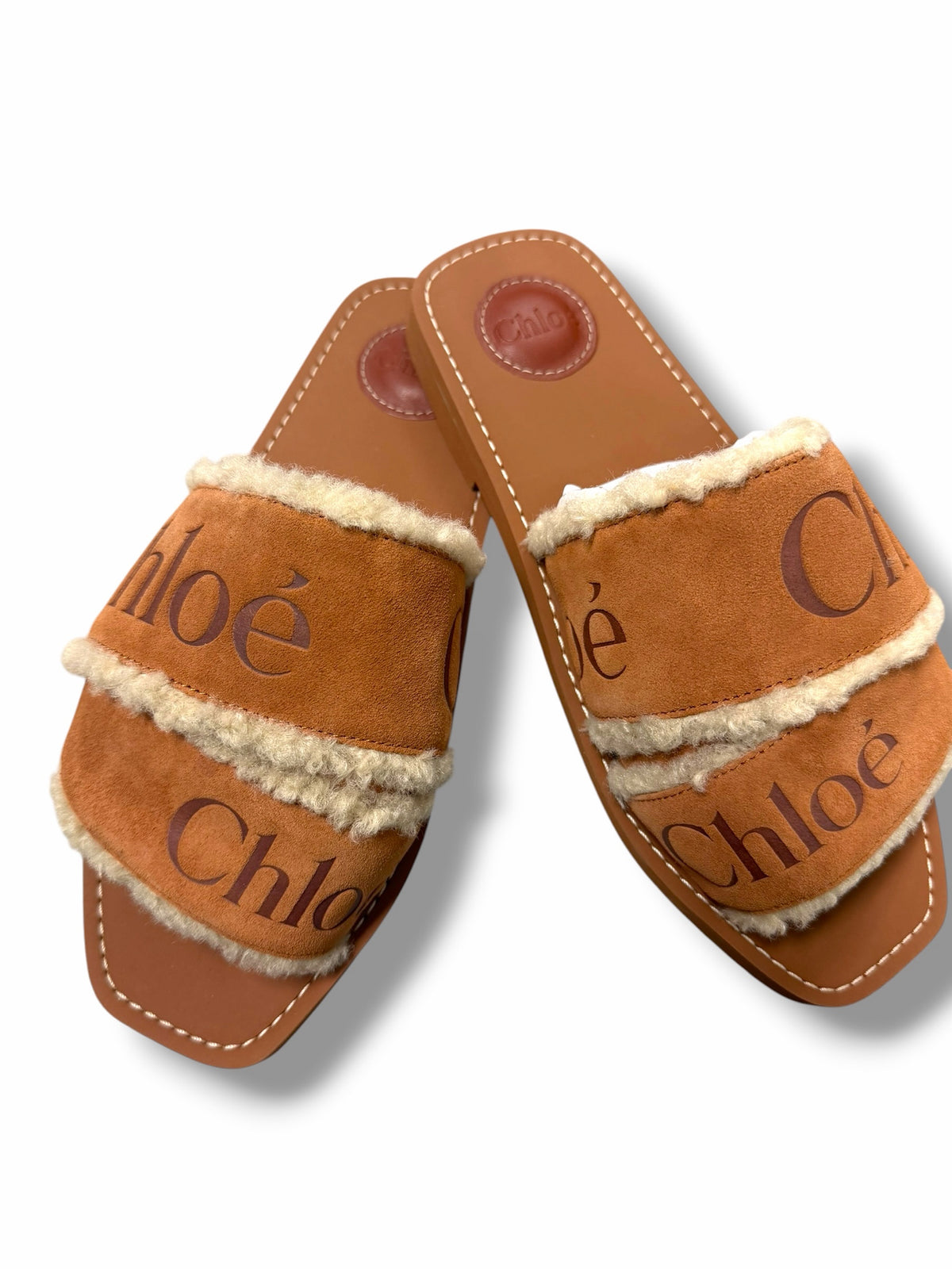 NEW WITH TAGS CHLOE WOODY SHEARLING SLIDE SANDAL CHESTNUT SIZE 39 US 8.5