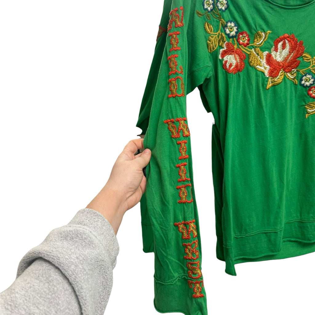 JOHNNY WAS LOS ANGELES FLORAL EMBROIDERED WILD WEST GREEN TOP SIZE SMALL
