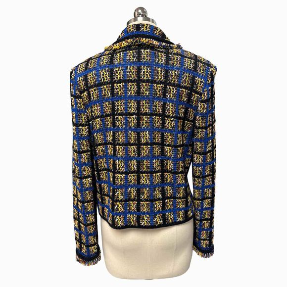 ST JOHN TWEED PLAID BLAZER JACKET ROYAL BLUE YELLOW SIZE S