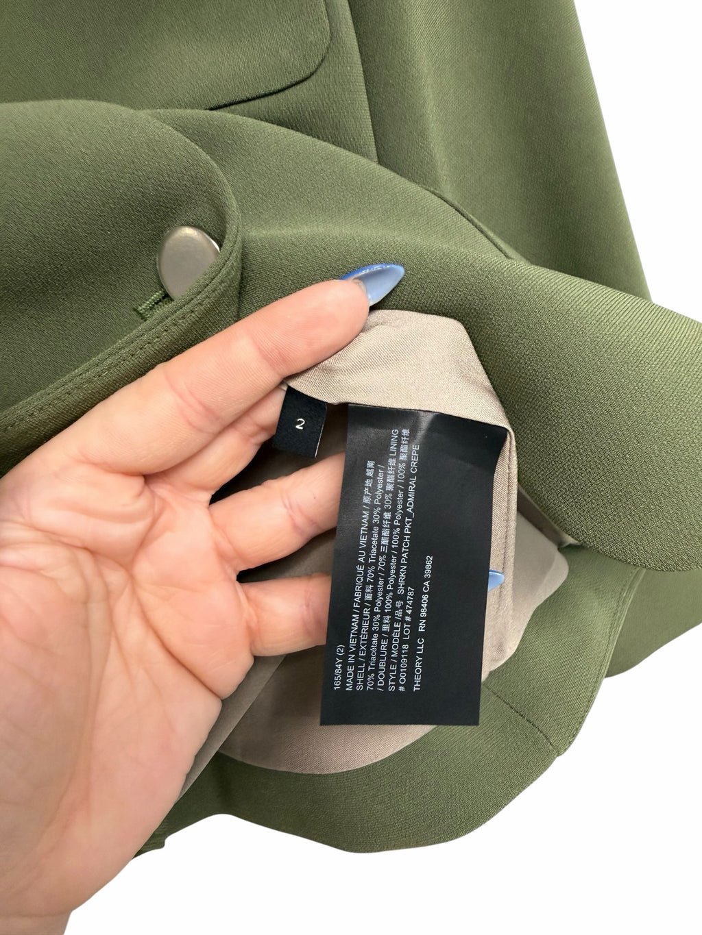 THEORY Size 2 OLIVE WJACKET