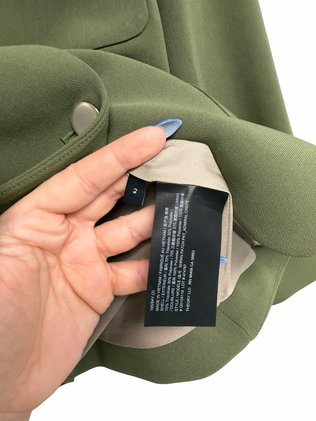 THEORY Size 2 OLIVE WJACKET