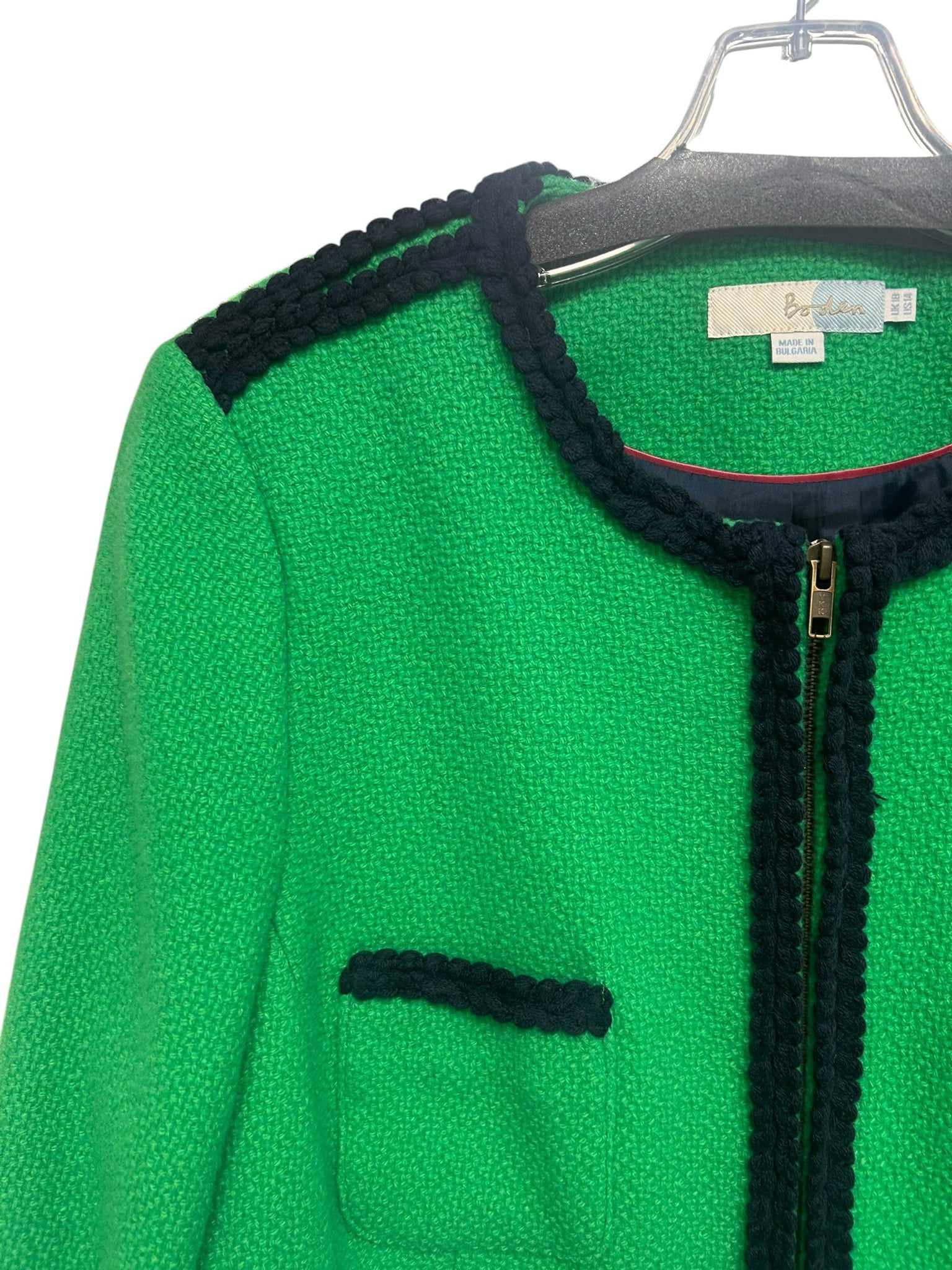 BODEN GREEN WOOL TRIMMED BISTRO LADY JACKET SIZE 14