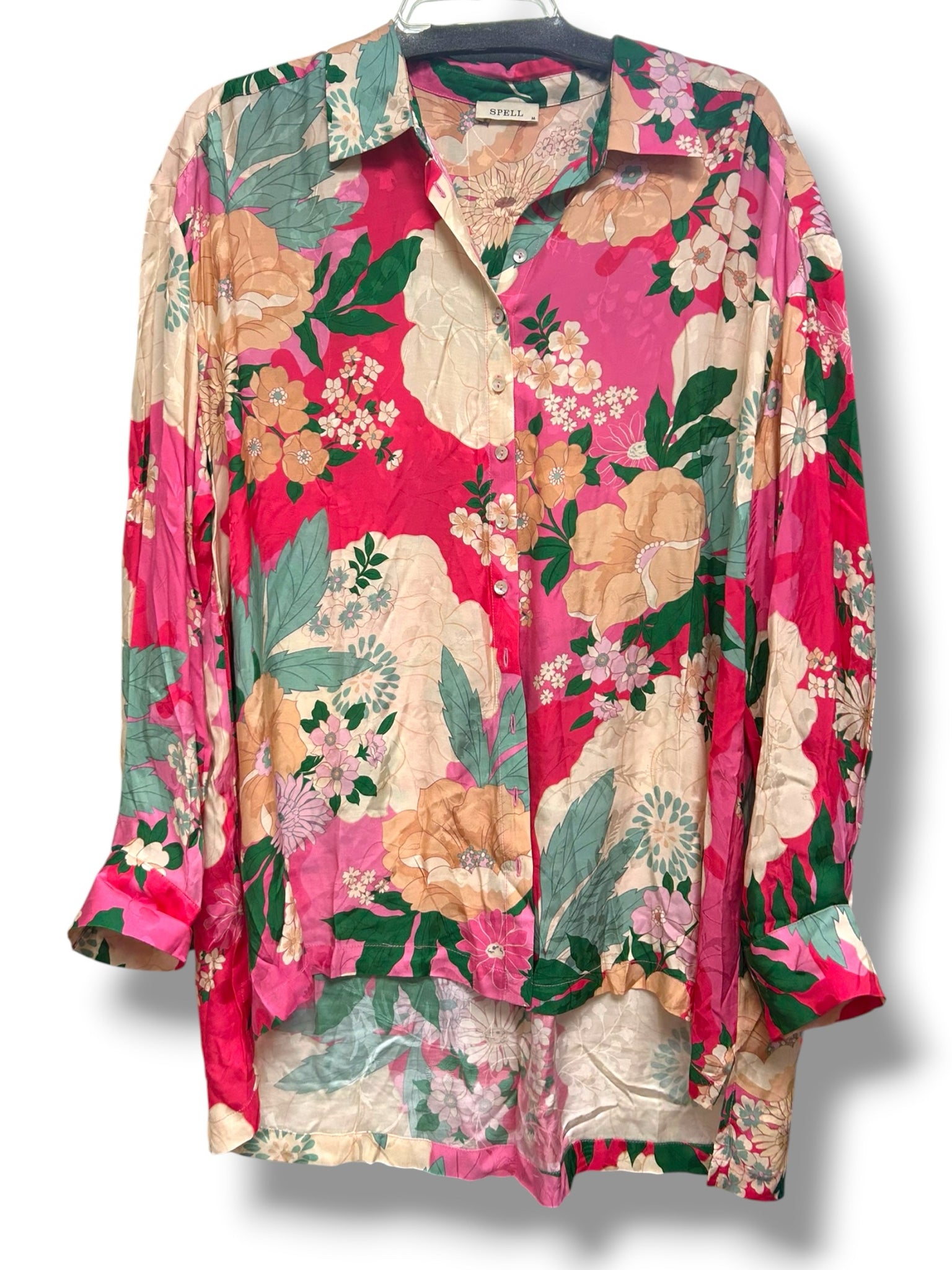 SPELL & THE GYPSY COLLECTIVE TYLER FLORAL PINK SATIN TOP SIZE MEDIUM