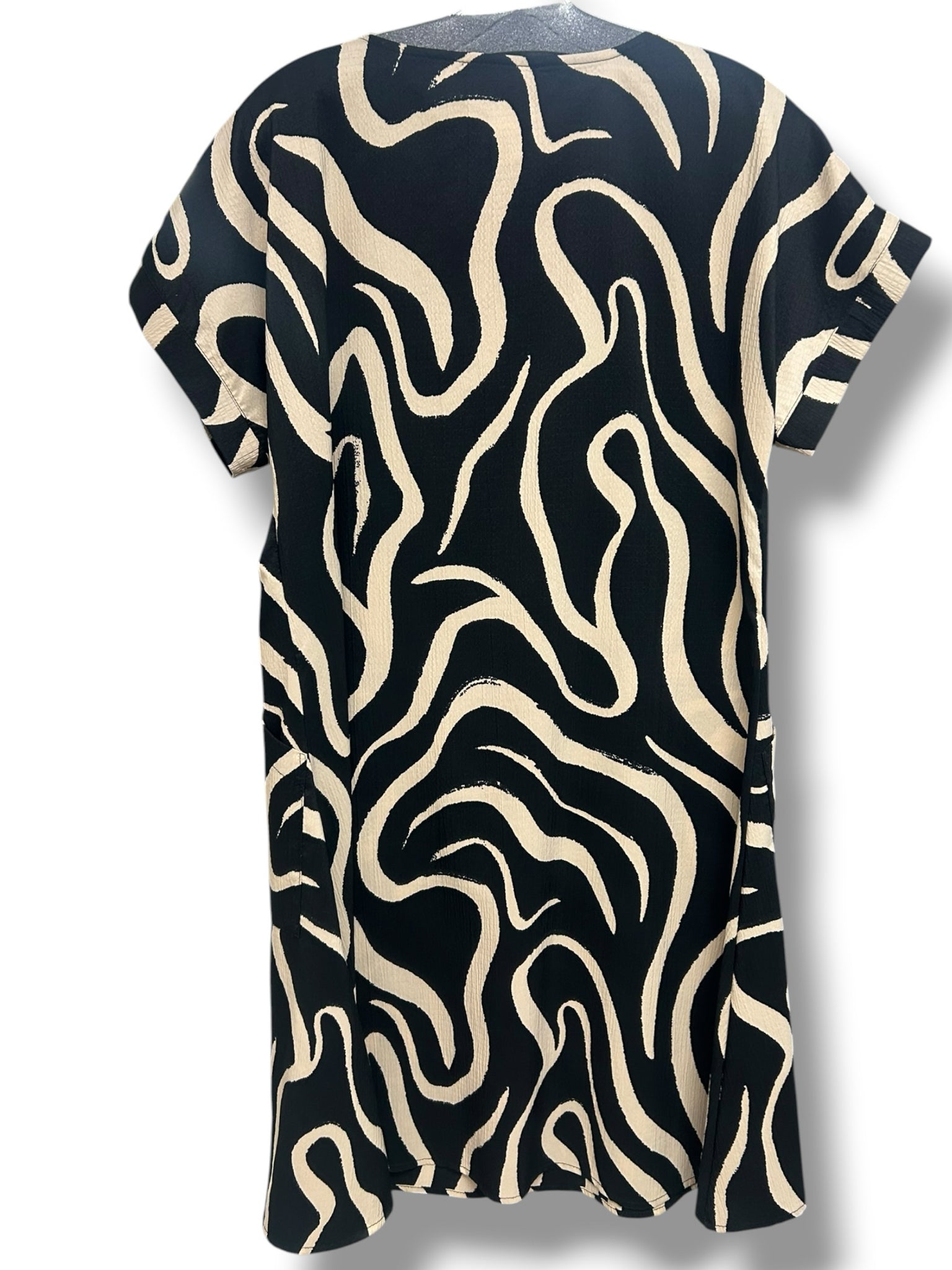 JOSEPH RIBKOFF BLACK PARCHMENT SEERSUCKER ABSTRACT PRINT A LINE DRESS SIZE 8