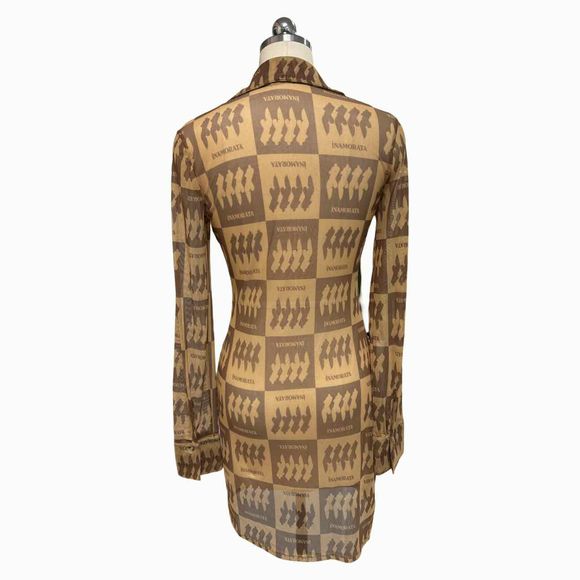 INAMORATA MESH PRINT SHEER BUTTON DOWN BROWNS COVERUP SIZE M