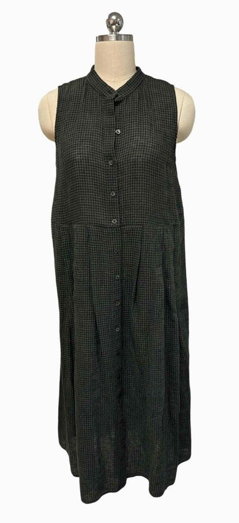 EILEEN FISHER ORGANIC LINEN SLEEVELESS GREEN/BLACK MIDI DRESS SIZE XS