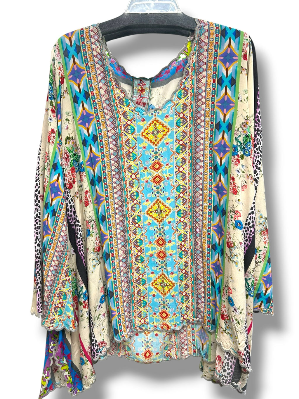 JOHNNY WAS STELLA FLARE SLEEVE BOHO MULTI PRINT BLOUSE SIZE XL