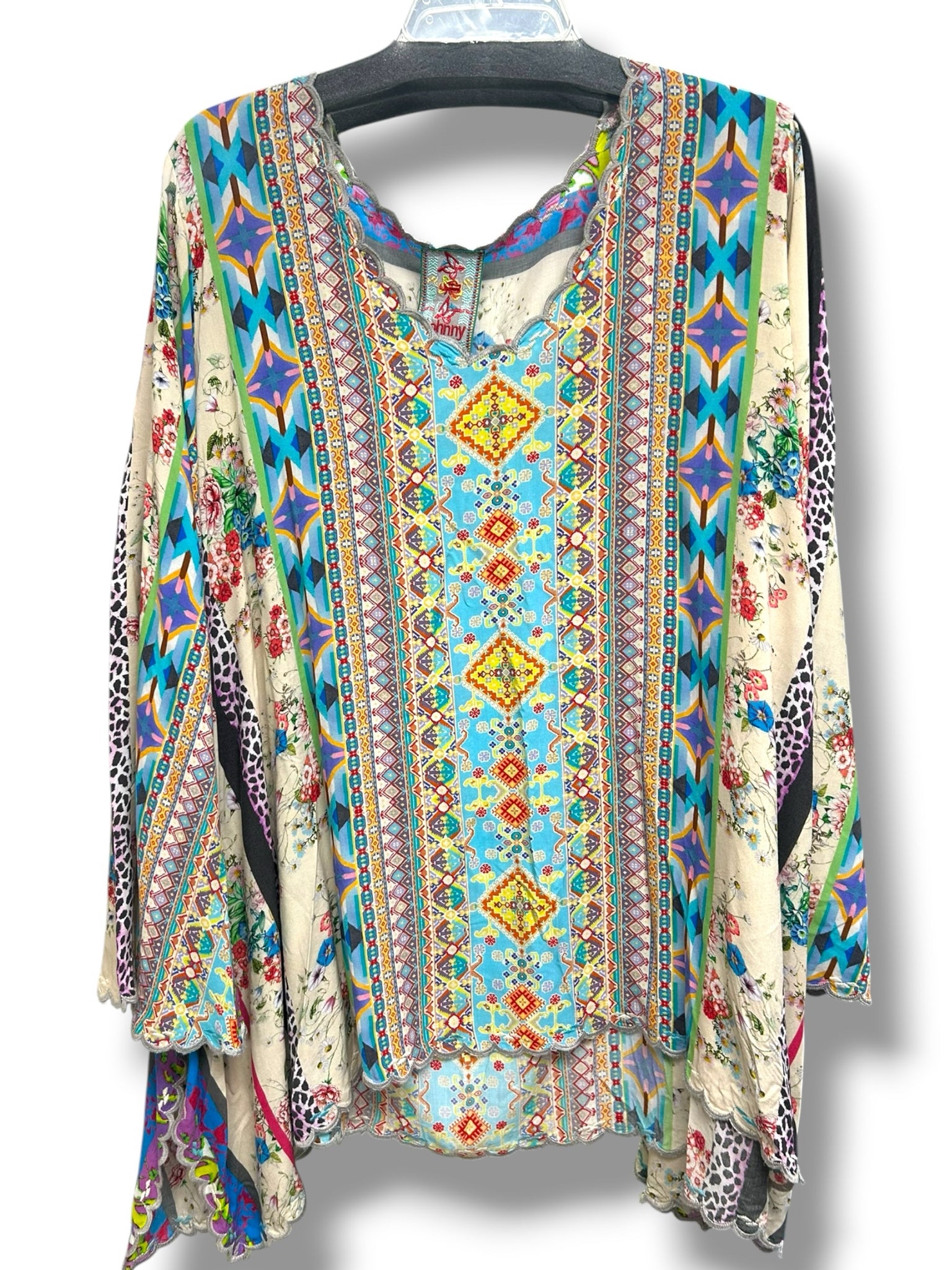 JOHNNY WAS STELLA FLARE SLEEVE BOHO MULTI PRINT BLOUSE SIZE XL