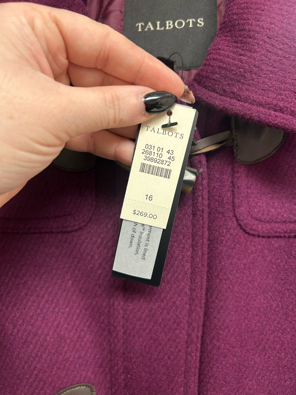 TALBOTS PLUM WOOL BLEND THINSULATE PEACOAT TOGGLE CLOSURE SIZE 16
