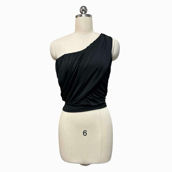 KRISA NWT! ONE SHOULDER RUCHED TIE WAIST BLACK TOP SIZE M