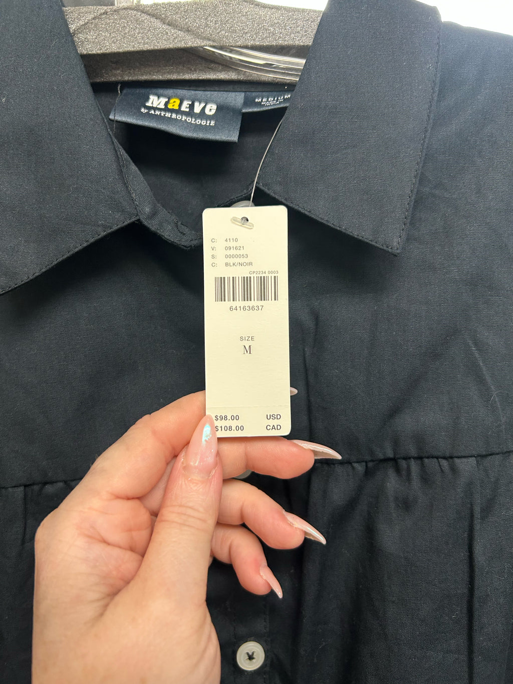 NWT ANTHROPOLOGIE MAEVE BLACK COTTON POPLIN BUTTON DOWN SIZE MEDIUM